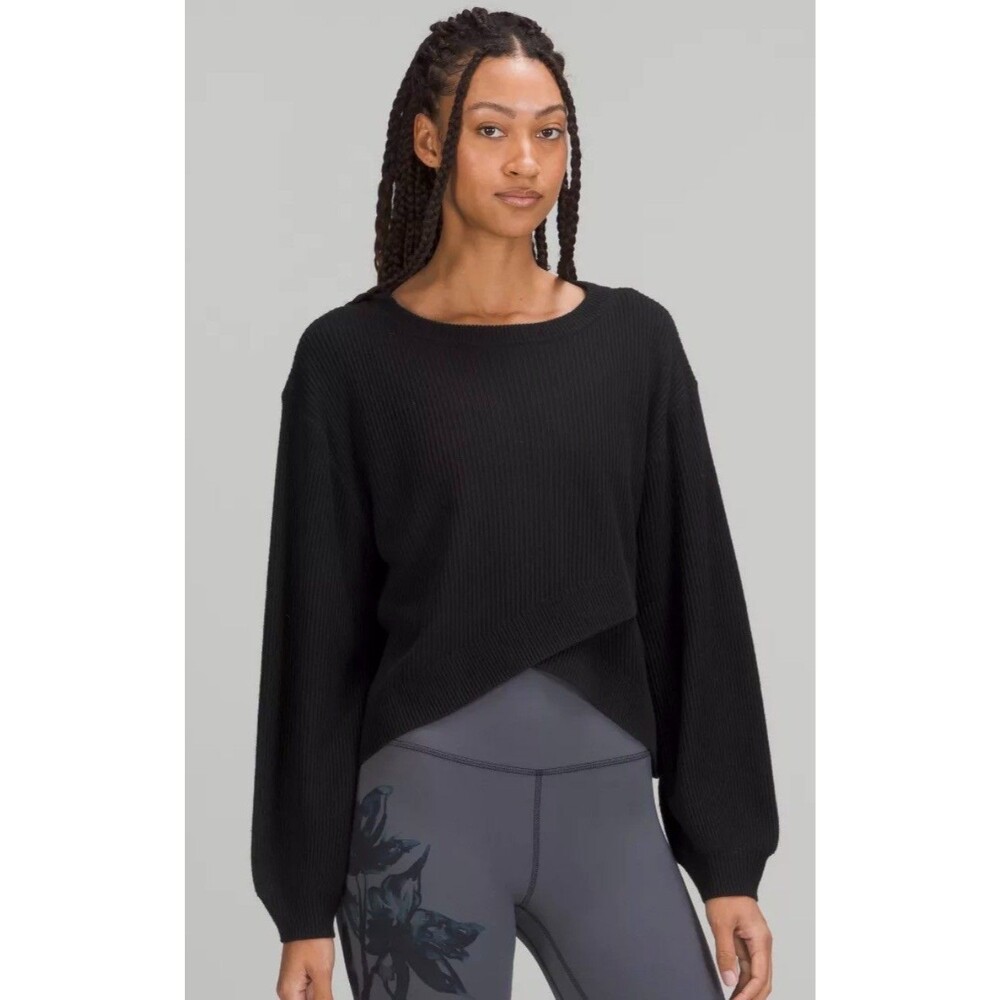 Lululemon Women Cropped Rib Knit‎ Crossover Sweater Black Medium Balloon Sleeve